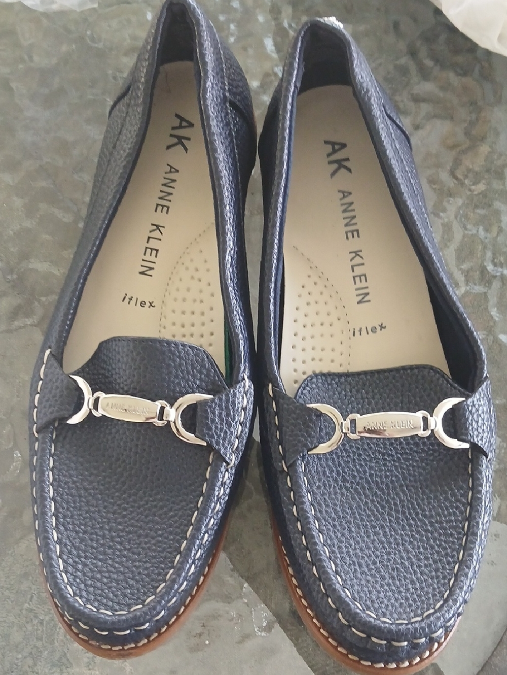 Anne Klein Navy Leather Bit-Detail Loafers